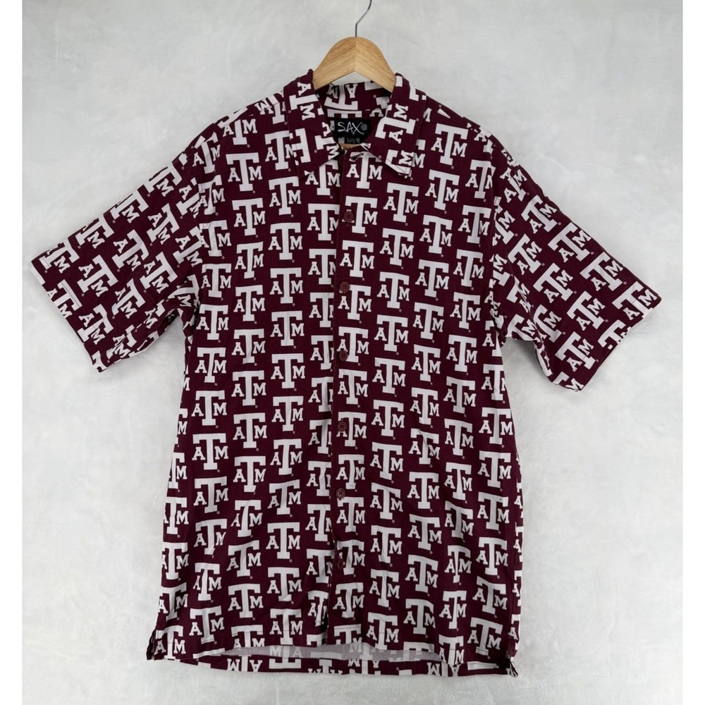 Texas A&M Aggies SAX All Over Print Button Up Shirt Mens L Maroon White NCAA